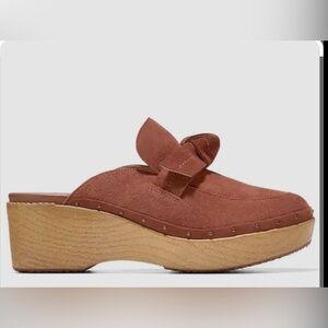 Cole Haan Women's Cloudfeel Bow Studded Clogs. Sequoia Suede/Antique Brass